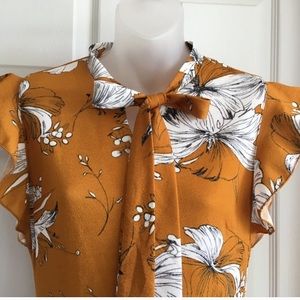 A-line dress ruffle sleeve, mustard &white flower